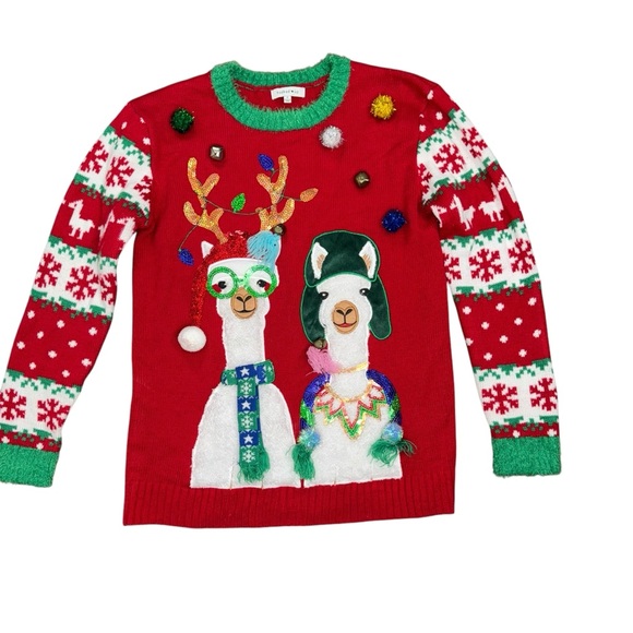 Hooked Up Ugly Christmas Sweater Red with Llama Design POM POM & jingle bells - Picture 8 of 13